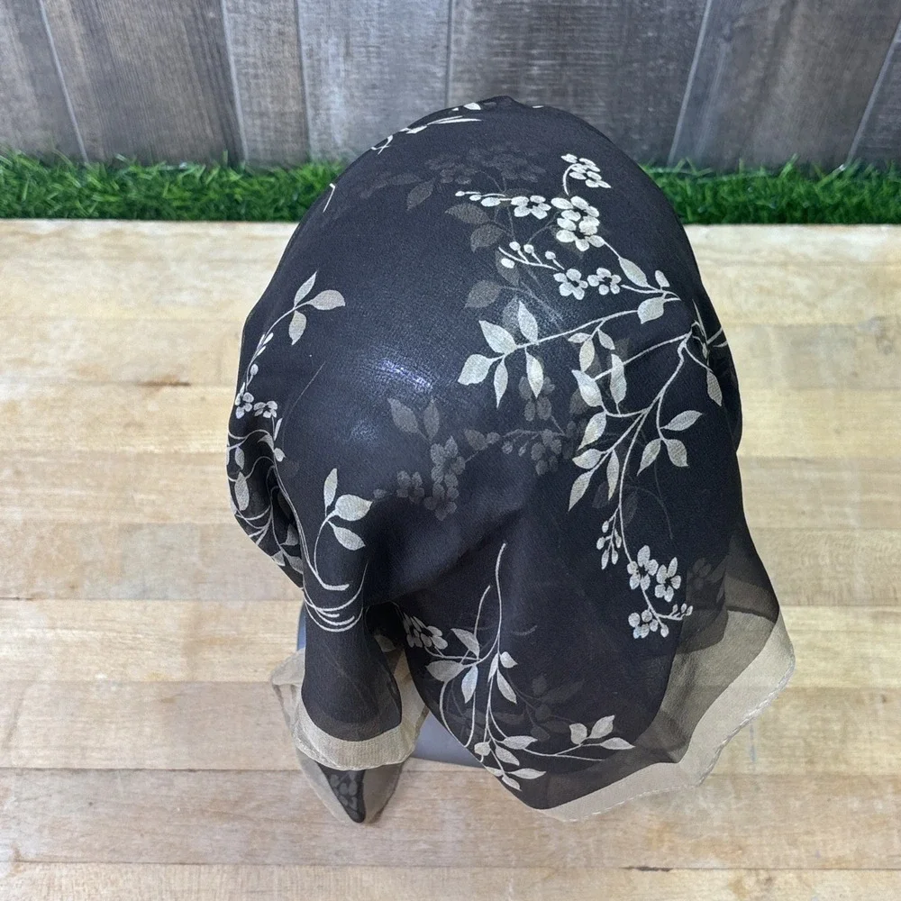 Vintage Casual Corner 100% Silk Head Scarf Floral Sheer Brown Hair Wrap